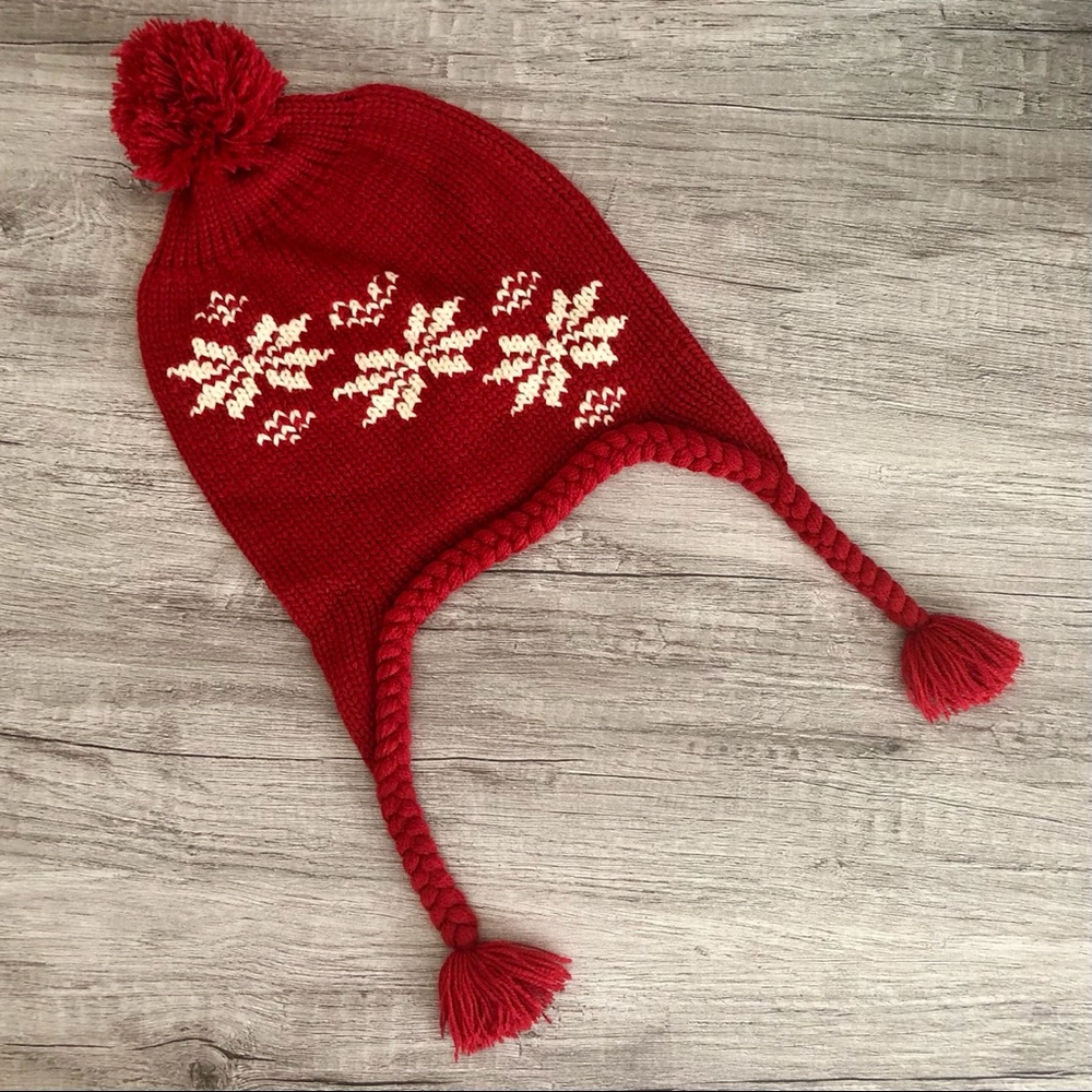 Red Knit Beanie, Pom Beanie, Snow Flakes Tassels Vintage